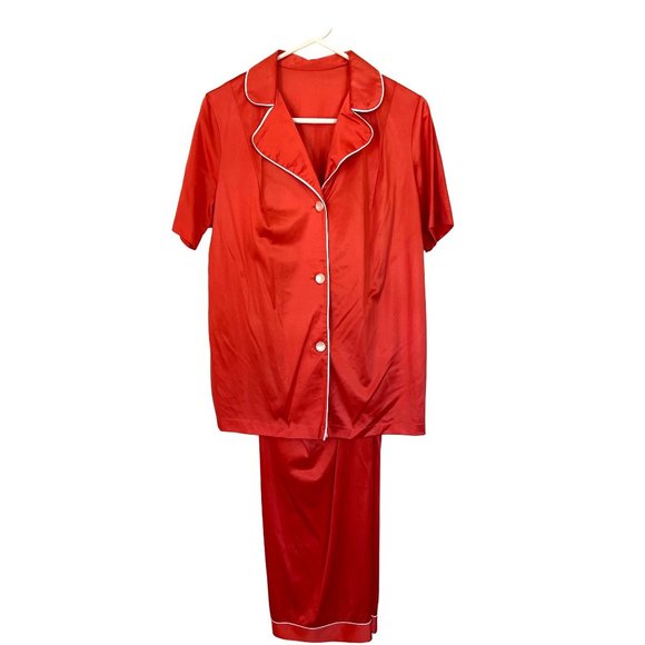 vassarette Other - Vintage Vassarette Orange Satin Pajama Set with White Piping Short Sleeve Top